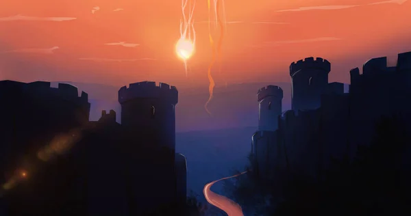 Gün batımında eski binalar sanat çizimi