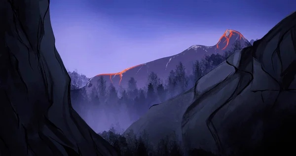 Croquis Illustration Art Des Montagnes Avec Lumière Soleil — Photo