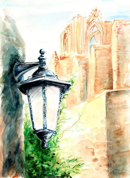 Watercolor Vintage Street Lamp Drawing Illustration — 스톡 사진