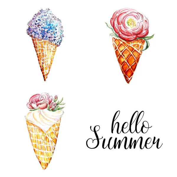 Watercolor waffle cone flower drawing art background — 스톡 사진