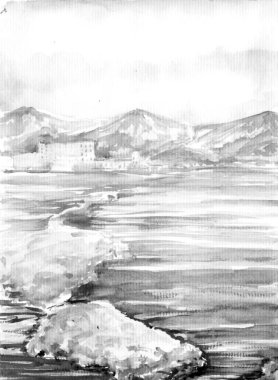 Güzel suluboya deniz kenarı sanat arkaplanı illüstrasyonu