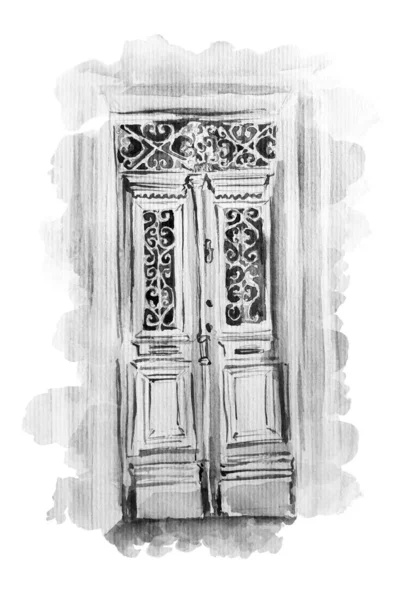 Cypr Stare Drzwi Sztuka Akwarela Ilustracja — Zdjęcie stockowe