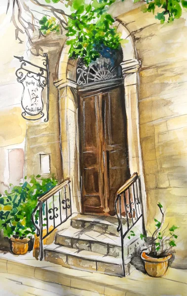 キプロスの古いドアアート水彩イラスト — ストック写真