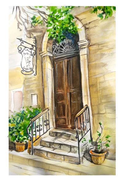 Kypr Staré Dveře Umění Akvarel Ilustrace — Stock fotografie
