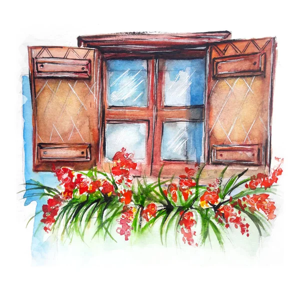 Stare Okno Vintage Czerwonymi Kwiatami — Zdjęcie stockowe