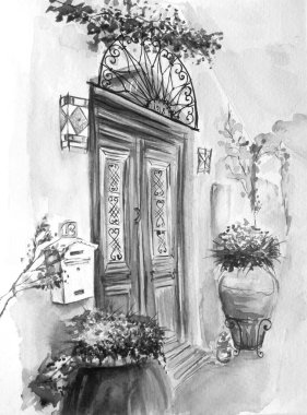 Eski şehrin eskiz sanat suluboya çizimi