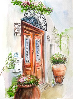 Eski şehrin eskiz sanat suluboya çizimi