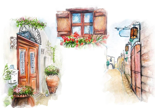 Eski şehrin eskiz sanat suluboya çizimi