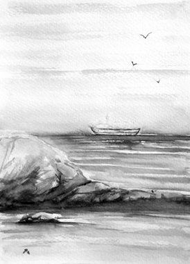 Güzel deniz kenarı, suluboya, sanat, resim