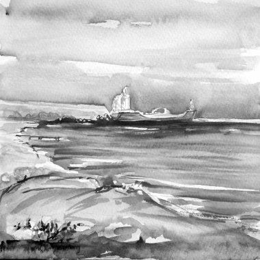  Güzel deniz kenarı, suluboya, sanat, resim