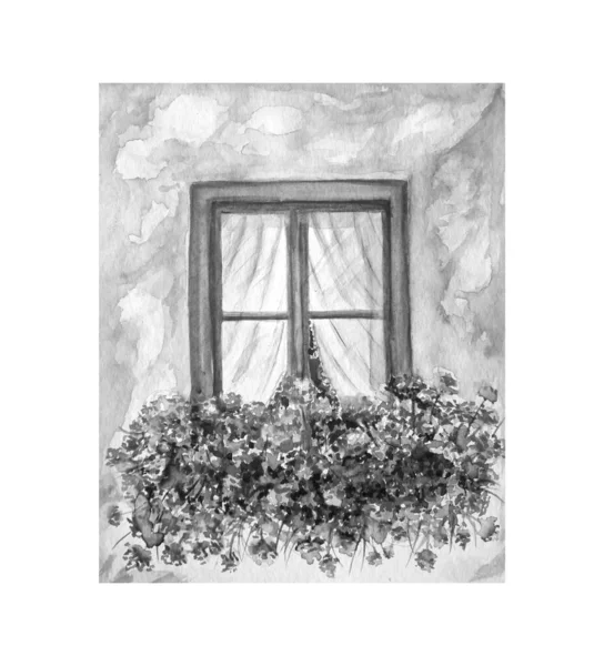 Vieja Ventana Vintage Con Flores Rojas —  Fotos de Stock