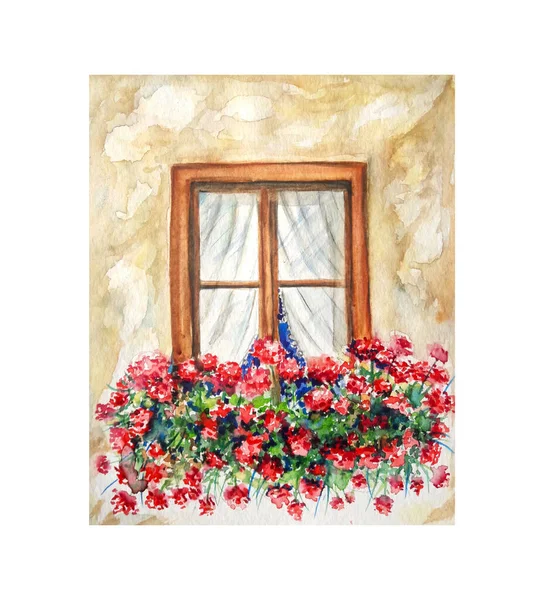 Kırmızı Çiçekli Eski Bir Vintage Pencere — Stok fotoğraf