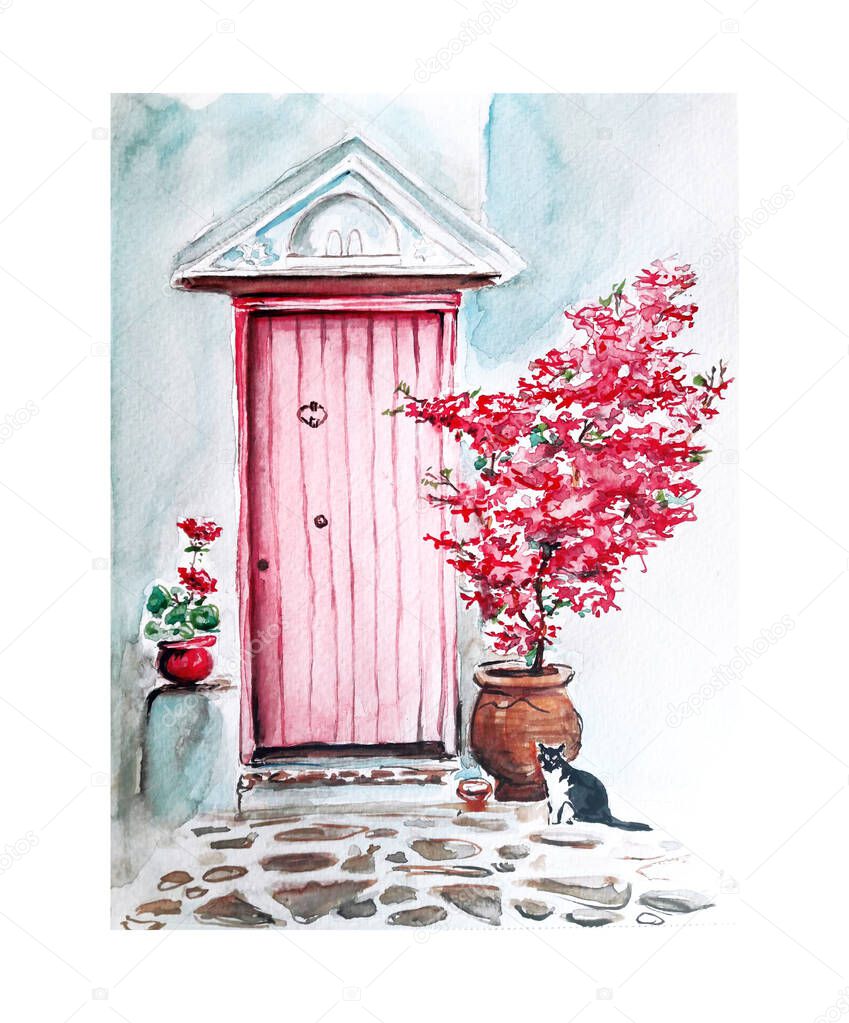 Watercolor painting of Vintage old door sketch art illustration