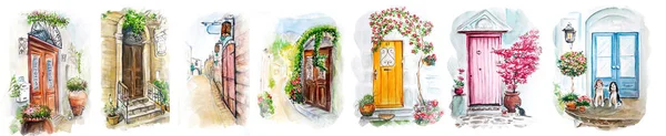 Watercolor Painting Vintage Old Doors Sketch Art Illustration — Stock Photo, Image