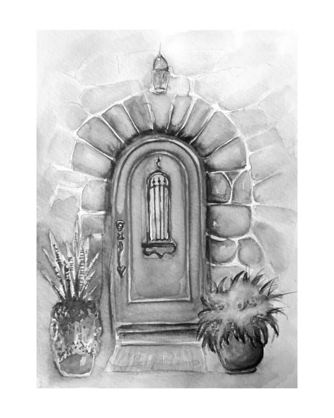 Акварельний Живопис Старовинних Дверей Ескіз Художньої Ілюстрації — стокове фото