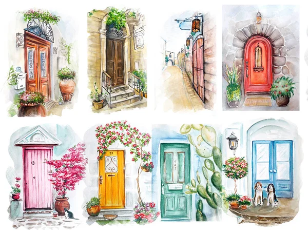 Akvarell Målning Vintage Gamla Dörren Skiss Konst Illustration — Stockfoto