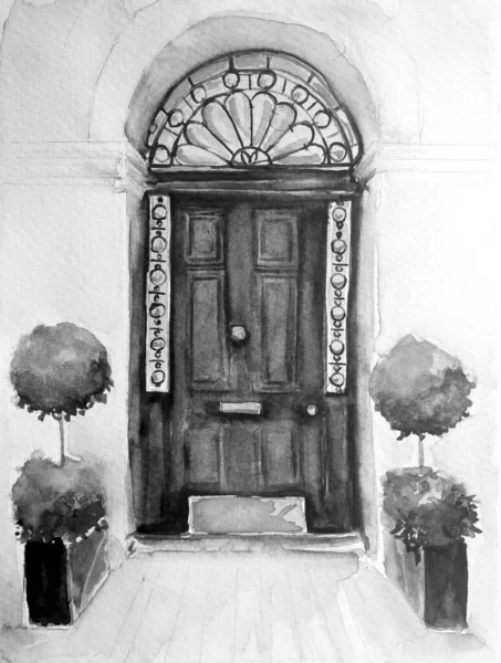 Watercolor Painting Vintage Old Door Sketch Art Illustration — Stock Photo, Image