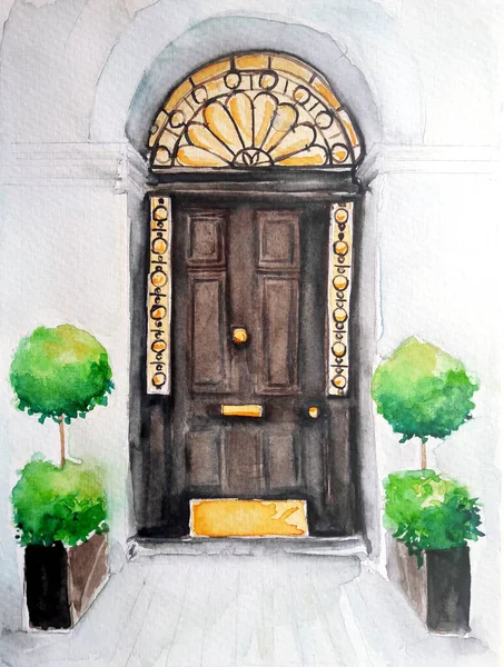 ヴィンテージ古いドアのスケッチアートイラストの水彩画 — ストック写真