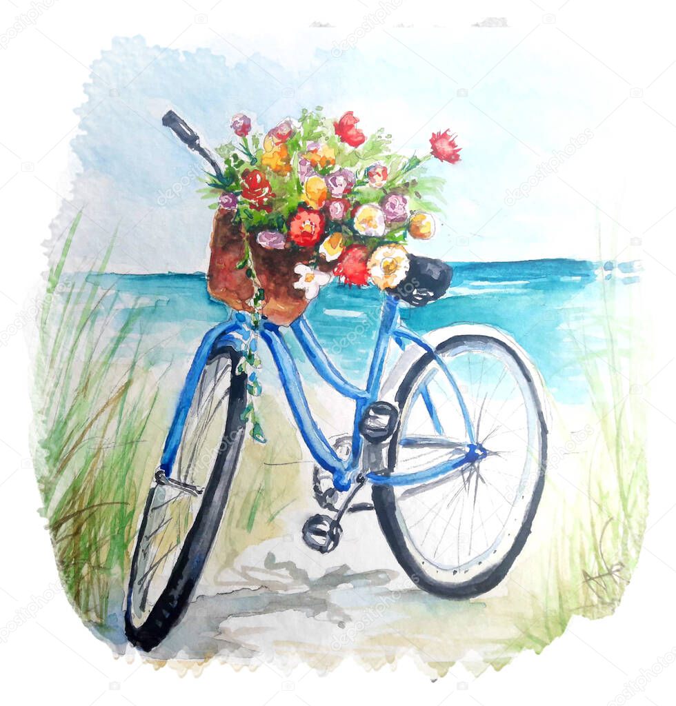  Watercolor painting of Vintage bicycle with flowers sketch art illustration
