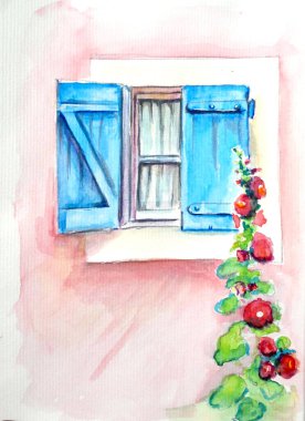 Eski pencere çiziminin suluboya resmi