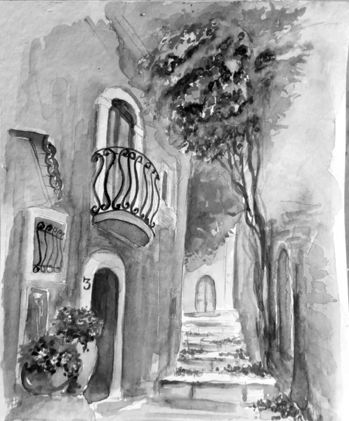 Pintura Acuarela Ilustración Arte Boceto Calle Antigua Vintage —  Fotos de Stock