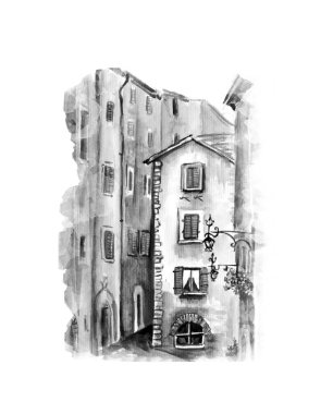 Vintage House 'un Aquarelle resmi. Resim çizimi.