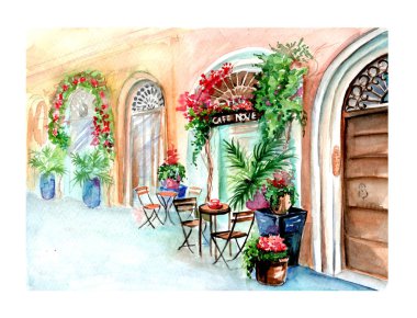 Eski bir sokak eskizinin Aquarelle tablosu.