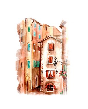 Vintage House 'un Aquarelle resmi. Resim çizimi.