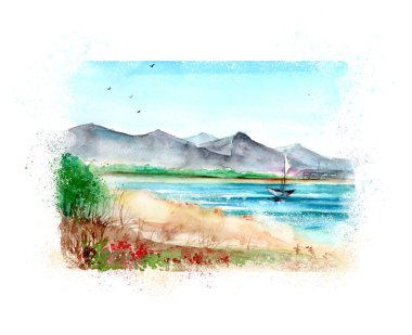Watercolor painting of Vintage sea side sketch art illustration clipart