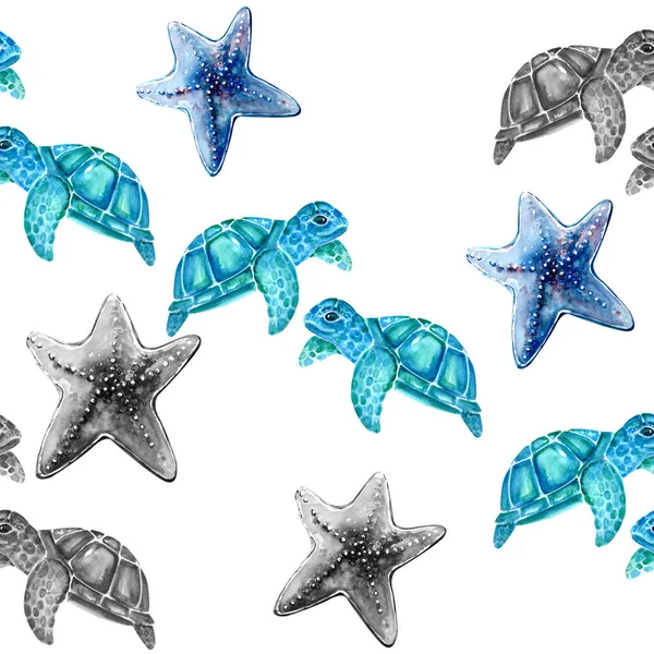 Aquarelle Pintura Estrela Mar Esboço Arte Padrão Ilustração — Fotografia de Stock