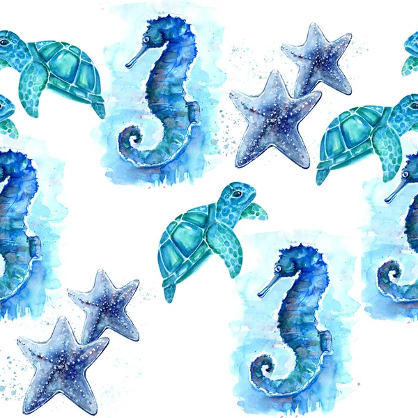 Aquarelle Malba Želvy Hvězdy Mořský Koník Kresba Obrazec — Stock fotografie