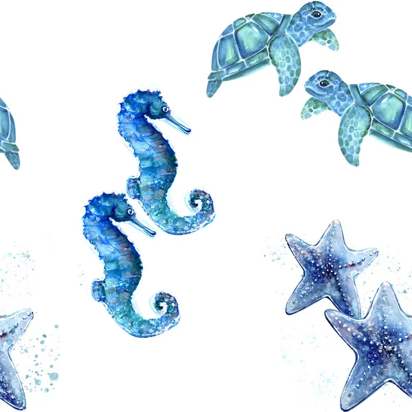 Aquarelle Schilderij Van Schildpad Zeester Zeepaardentekeningen Illustratie — Stockfoto