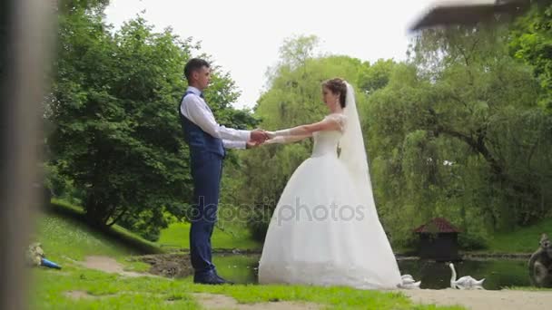 Nevěsta a ženich se na sebe — Stock video
