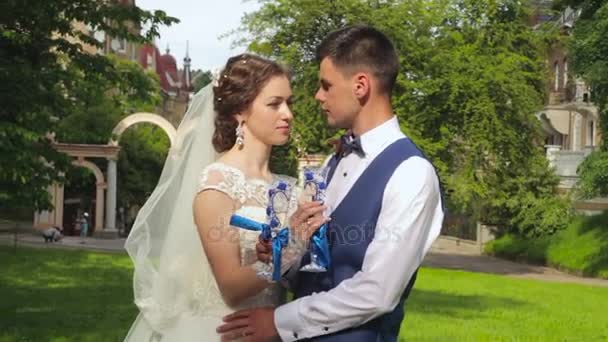 The bride and groom look at each other — Stock Video