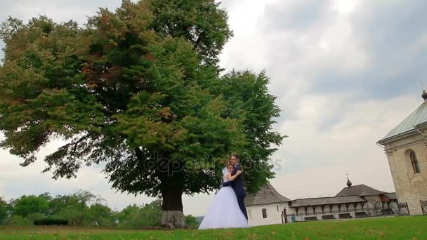 Невеста обнимает мужа — стоковое видео