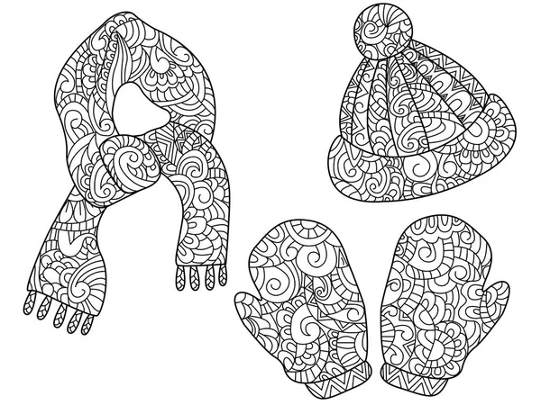 Warme Kleidung, Mütze, Handschuhe, Fäustlinge, Schal-Farbvektor für Erwachsene — Stockvektor
