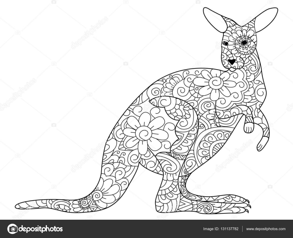 Animale di canguro libro da colorare per adulti illustrazione di vettore Antistress da colorare per adulti Zentangle stile Righe in bianco e nero