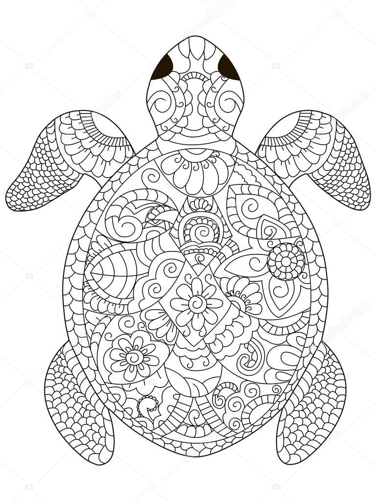 Sea turtle coloring book for adults vector illustration. Anti-stress coloring for adult. Zentangle style. Black and white lines. Lace pattern animal