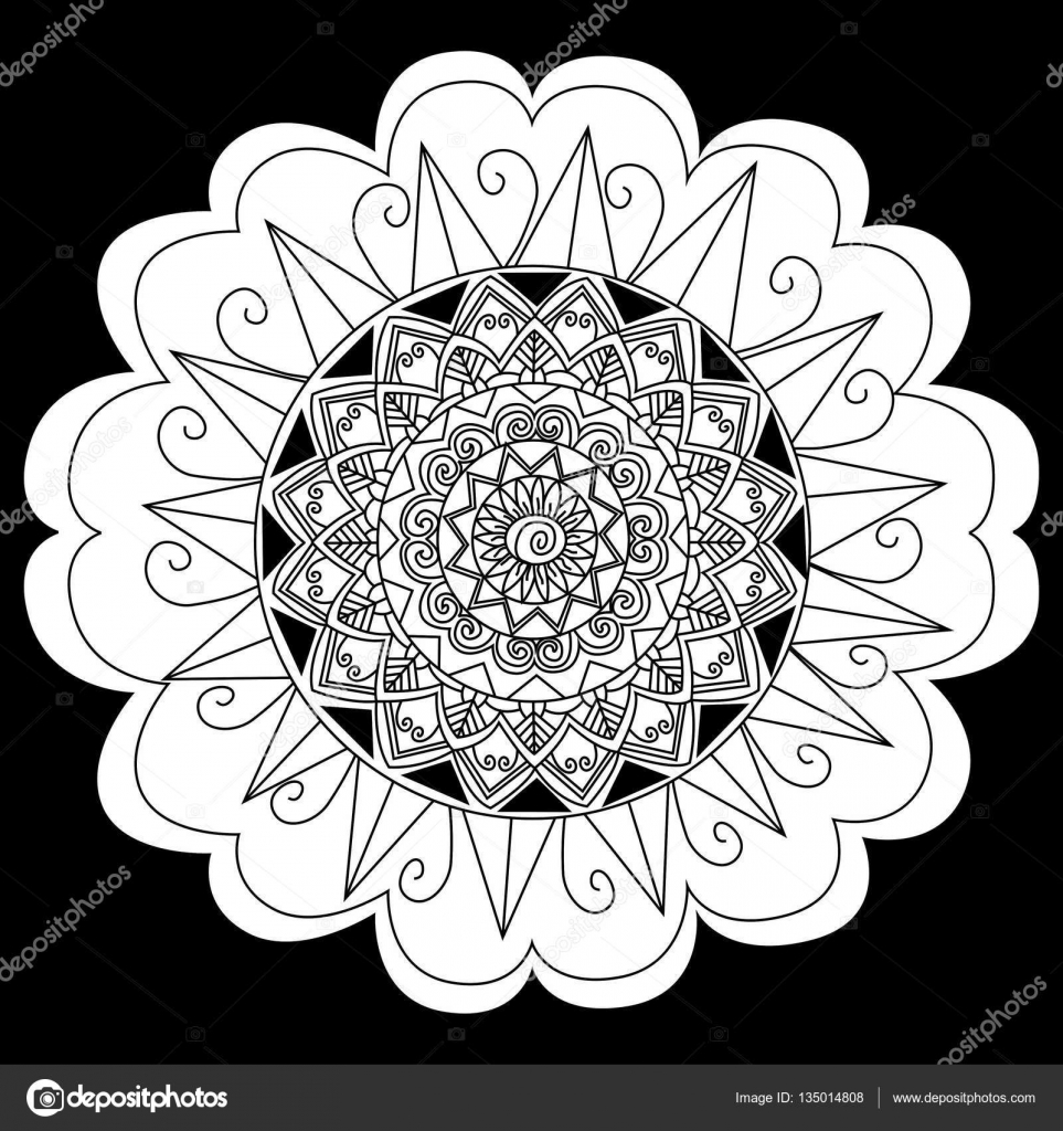 Fleur de Mandala sur fond noir Coloriage vecteur pour les adultes — Image vectorielle