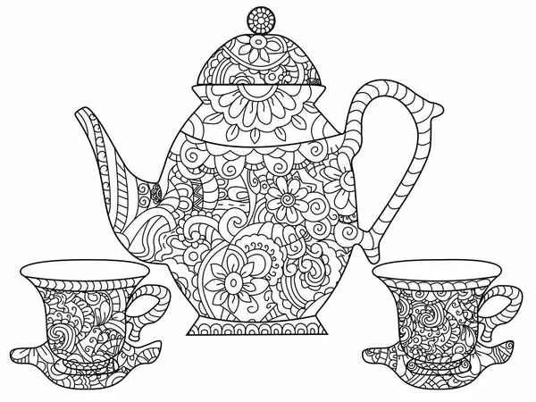 Servicio de té Colorear libro vector para adultos — Archivo Imágenes Vectoriales