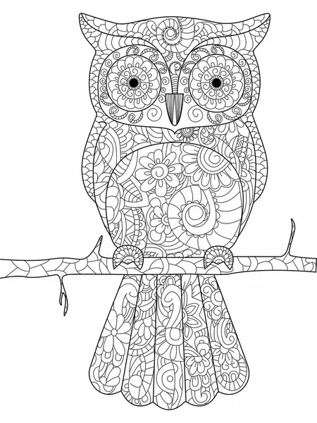 Hibou sur une branche Coloriage vecteur de livre pour adultes — Image vectorielle