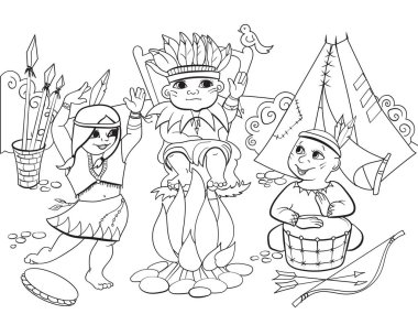 Indian tribe in the form of three children coloring vector for adults clipart