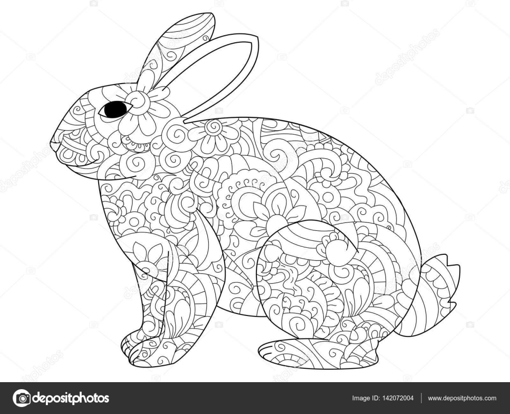 Vettore del coniglio da colorare per adulti — Vettoriali Stock Tatuaggio del coniglietto colorazione pagina carta t shirt poster stampare il disegno Bianco e nero linee lepre Erba del reticolo di pizzo