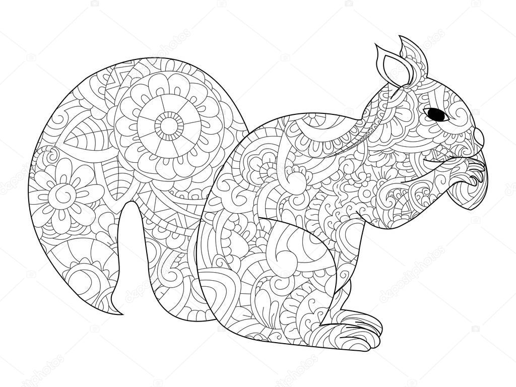 Vector illustration of the Squirrel with nut in zentangle and ethcnic style. Tattoo, coloring page, t-shirt, card, poster, print design. Black and white lines. Lace pattern rodent