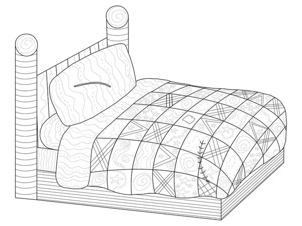 Łóżko z patchwork kołdra kolorowanki książka wektor dla dorosłych — Wektor stockowy