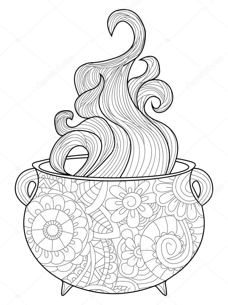 With steam witches cauldron Coloring book vector for adults