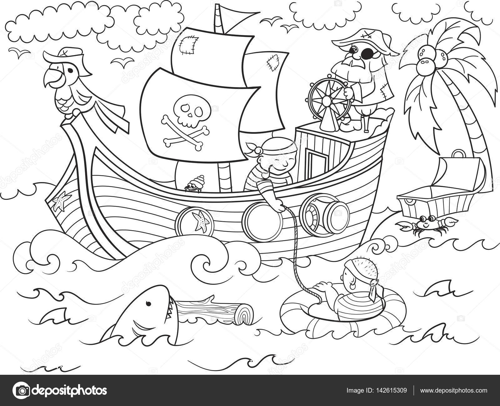 Kinderen Kleurplaten Rond Het Thema Piraten Vector Stockvector