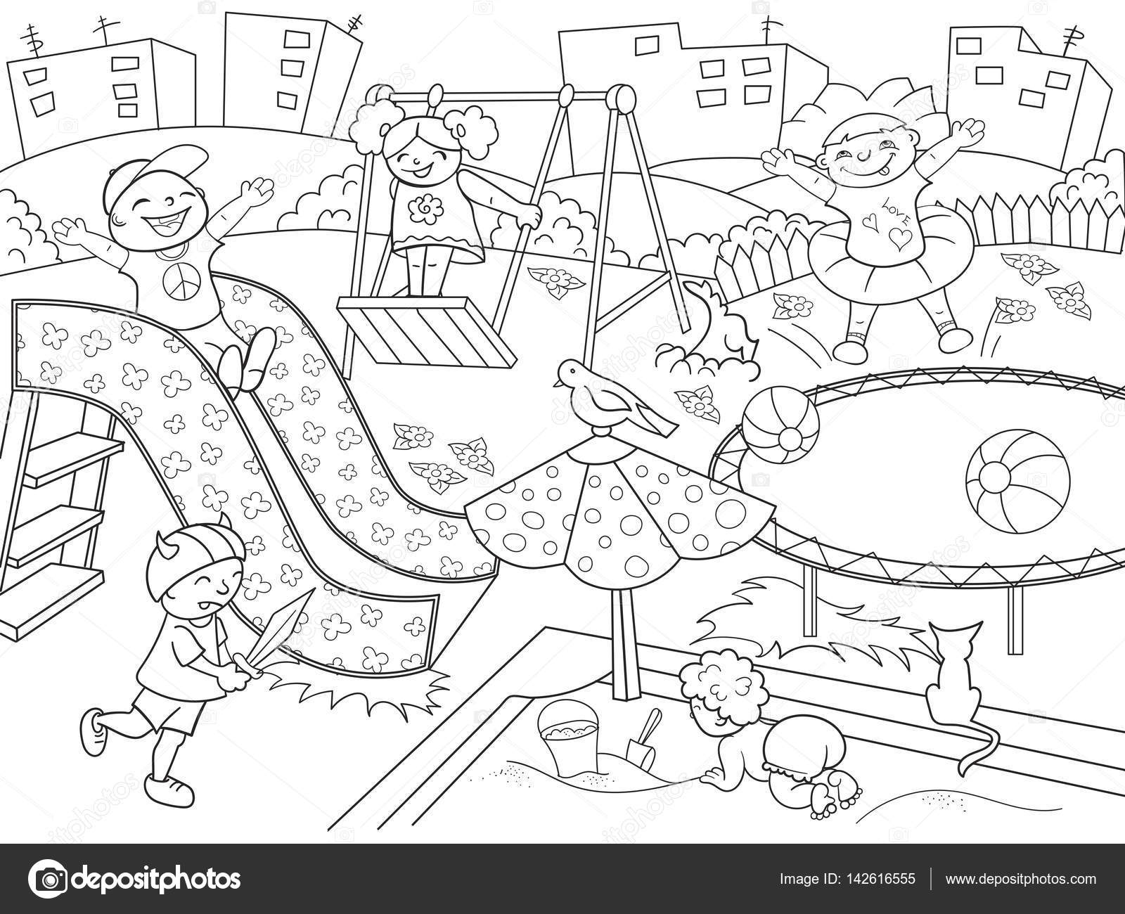 Childrens playground coloring. Vector illustration of black and white ...