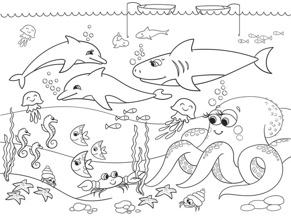 Seabed with marine animals. Vector coloring for kids, cartoon. — Stock Vector