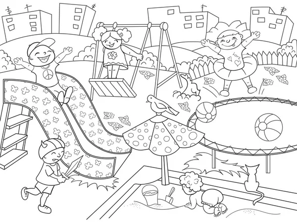 Childrens colorir playground. Ilustração vetorial de preto e branco —  Vetores de Stock